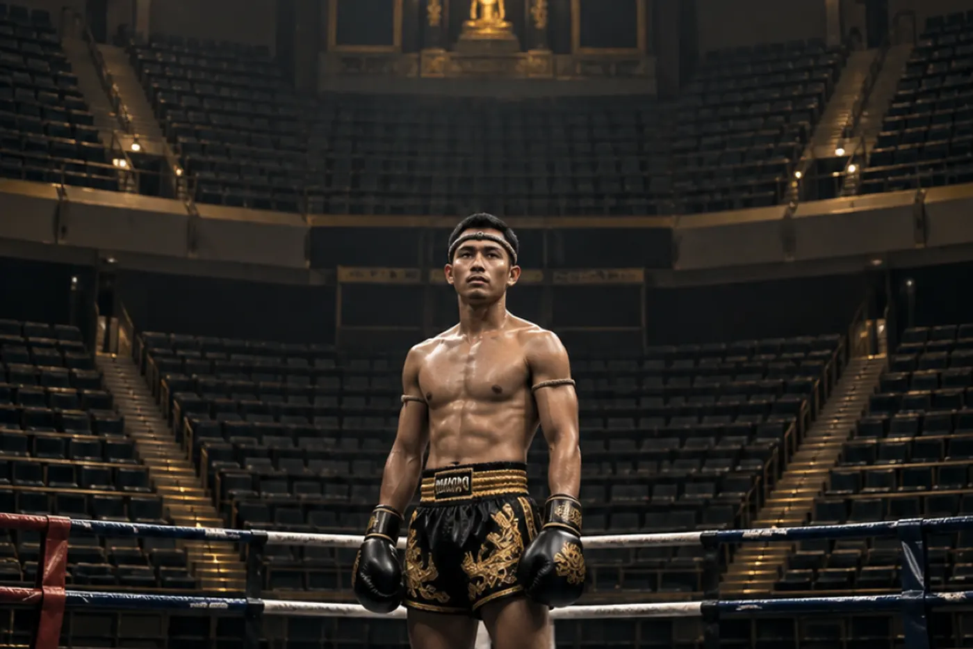 A fighter in a headband waits in an empty stadium before the crowd arrives