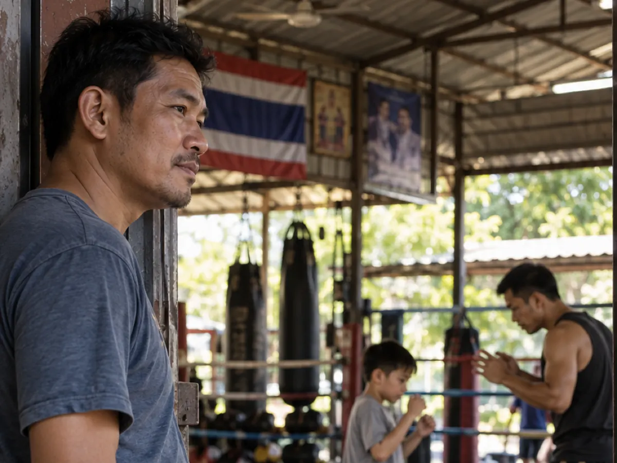 A father watches a boy practising in a gym as a trainer works with him