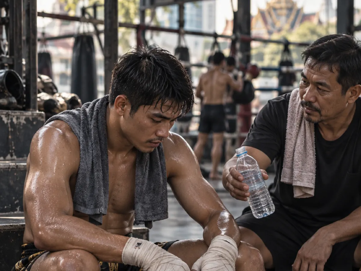 A fighter rests between rounds with wrapped hands while a trainer offers water