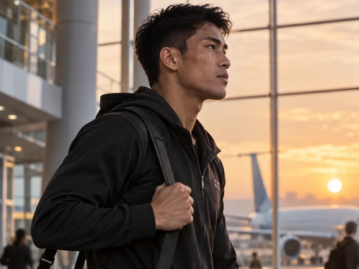 A fighter with a kit bag walks through an airport at sunset
