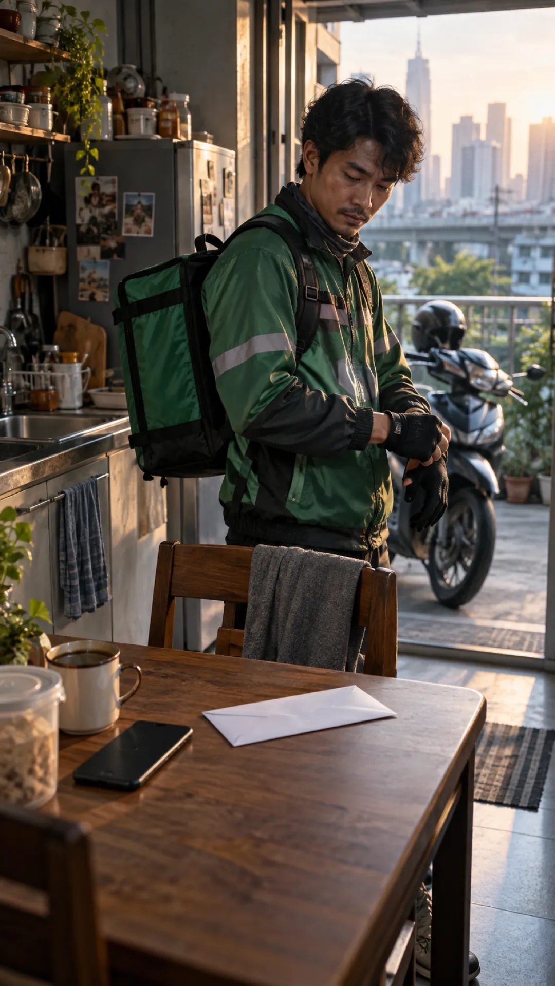 A delivery rider in a green jacket pauses in his kitchen, looking down at the table