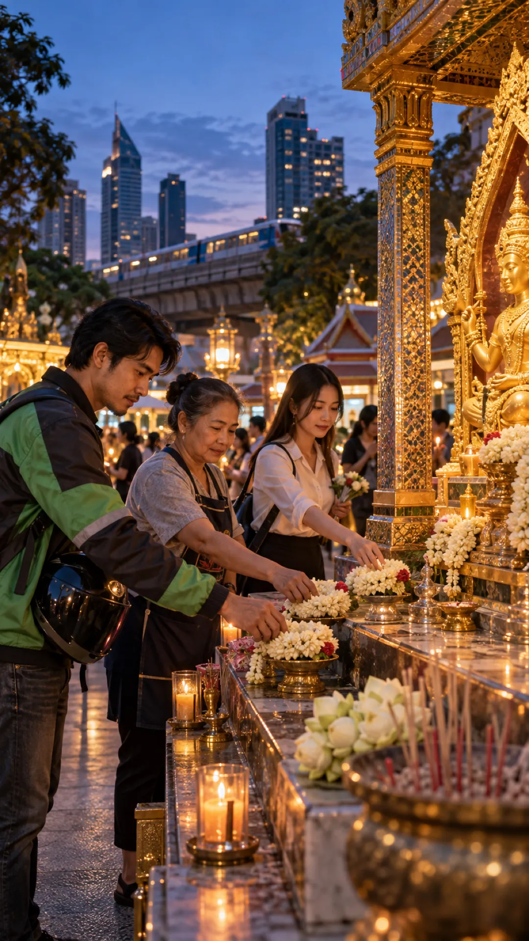 A delivery rider, a woman in a market apron and an office worker lay garlands at the same shrine at dusk