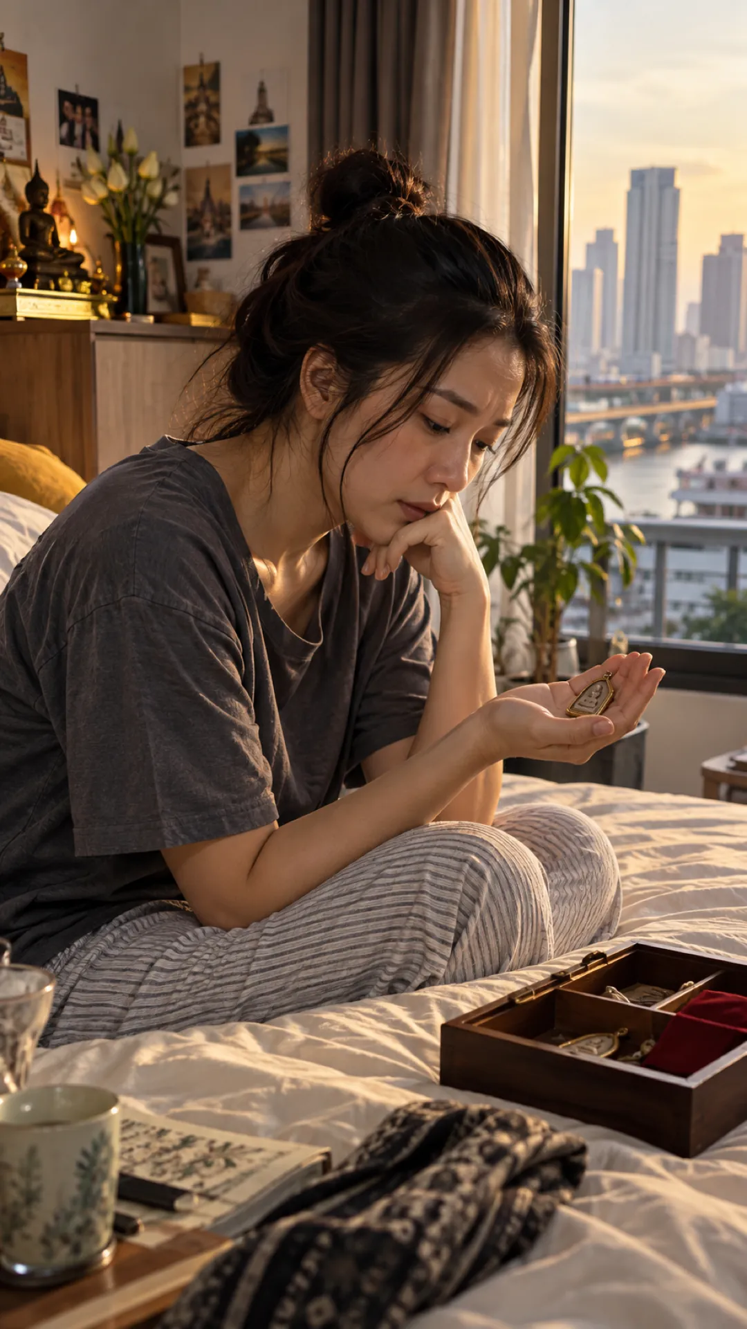 A woman sits on her bed by the window, a small amulet in her palm, and considers it