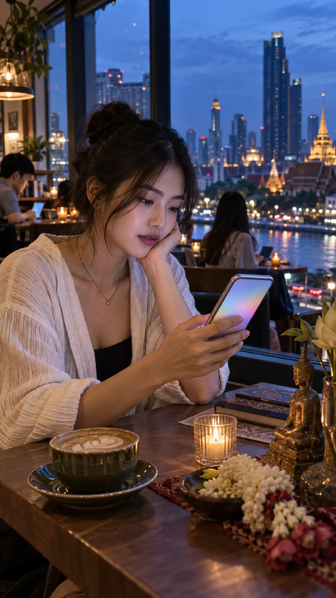 A young woman studies her phone in a riverside café at dusk, a candle and a jasmine garland on the table