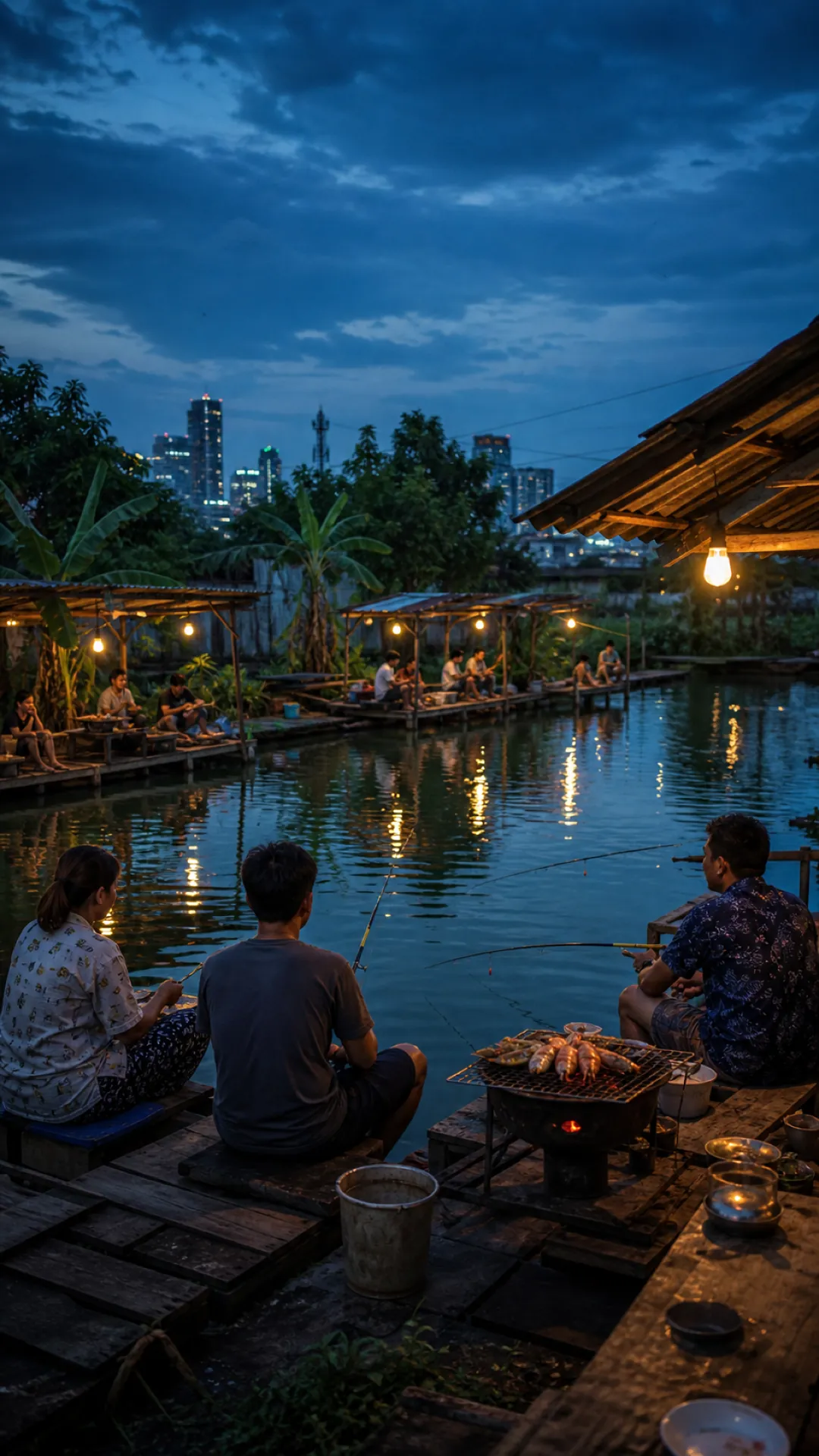 A lamplit prawn-fishing pond at dusk with the Bangkok skyline behind