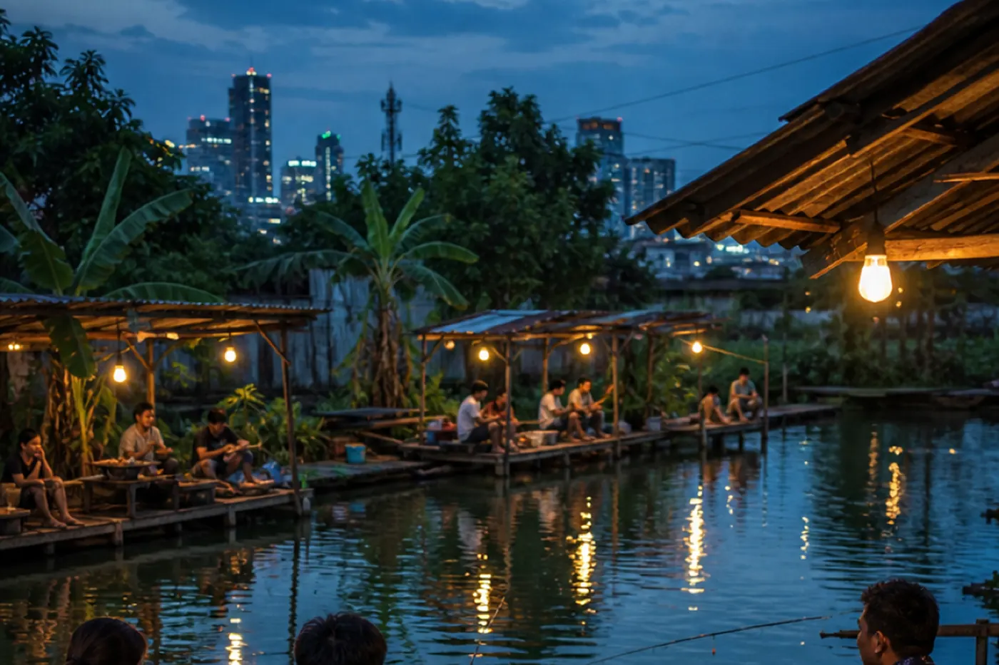 A lamplit prawn-fishing pond at dusk with the Bangkok skyline behind