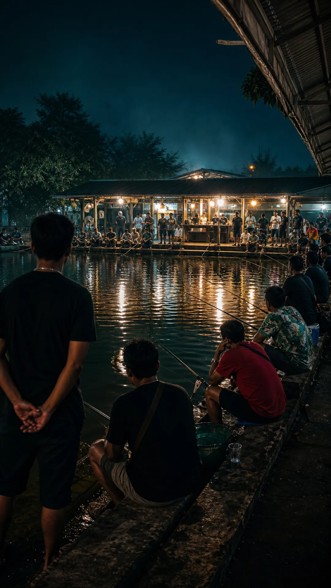 Customers fishing from the edge of a lit pond at night