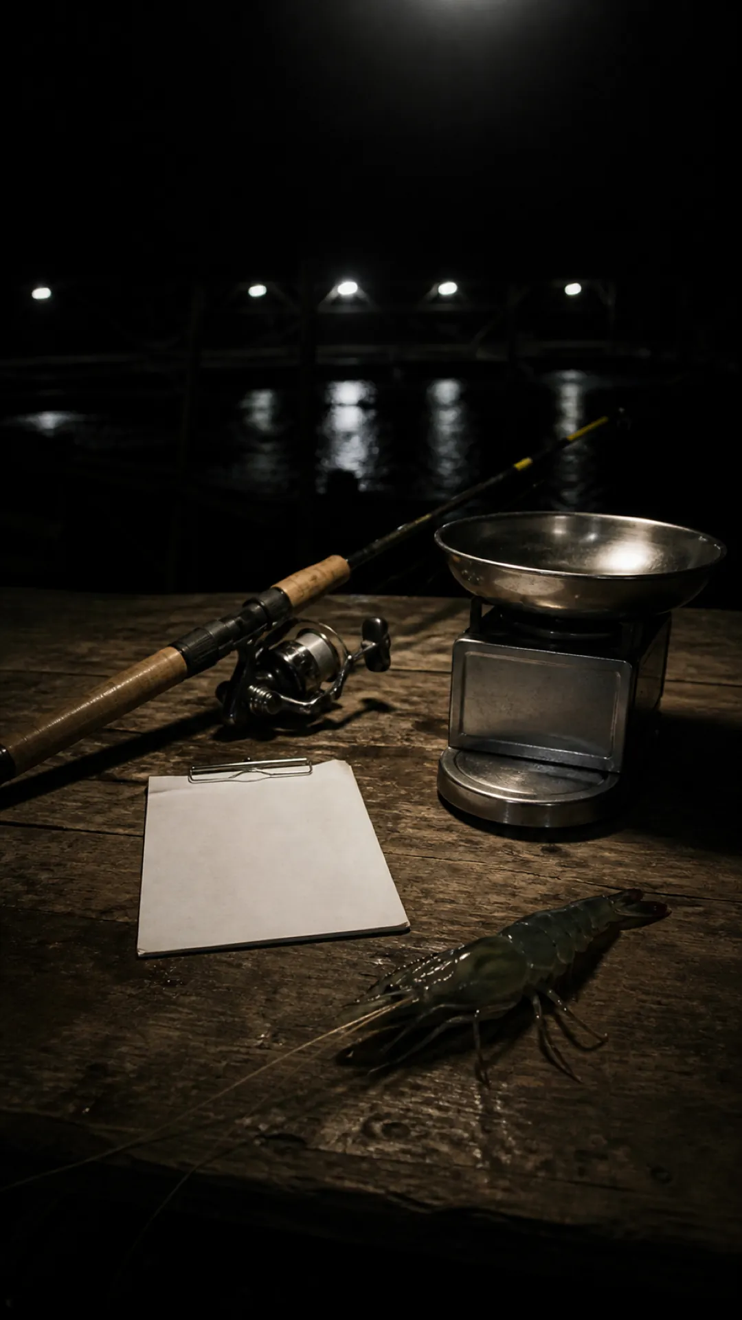 A rod, a set of scales and a blank clipboard on a table beside the pond