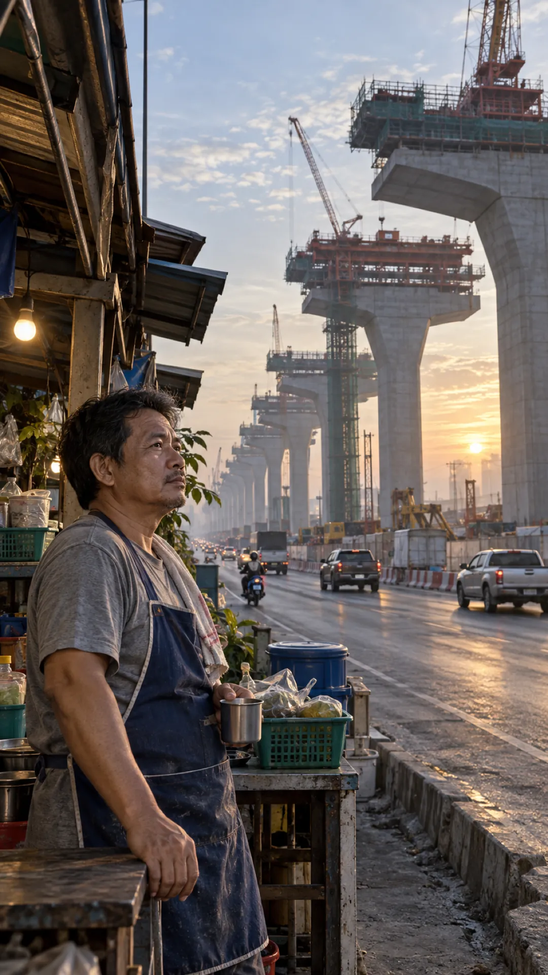 A shopkeeper in an apron watches a line of elevated-road piers and cranes stretch away down the road at dawn