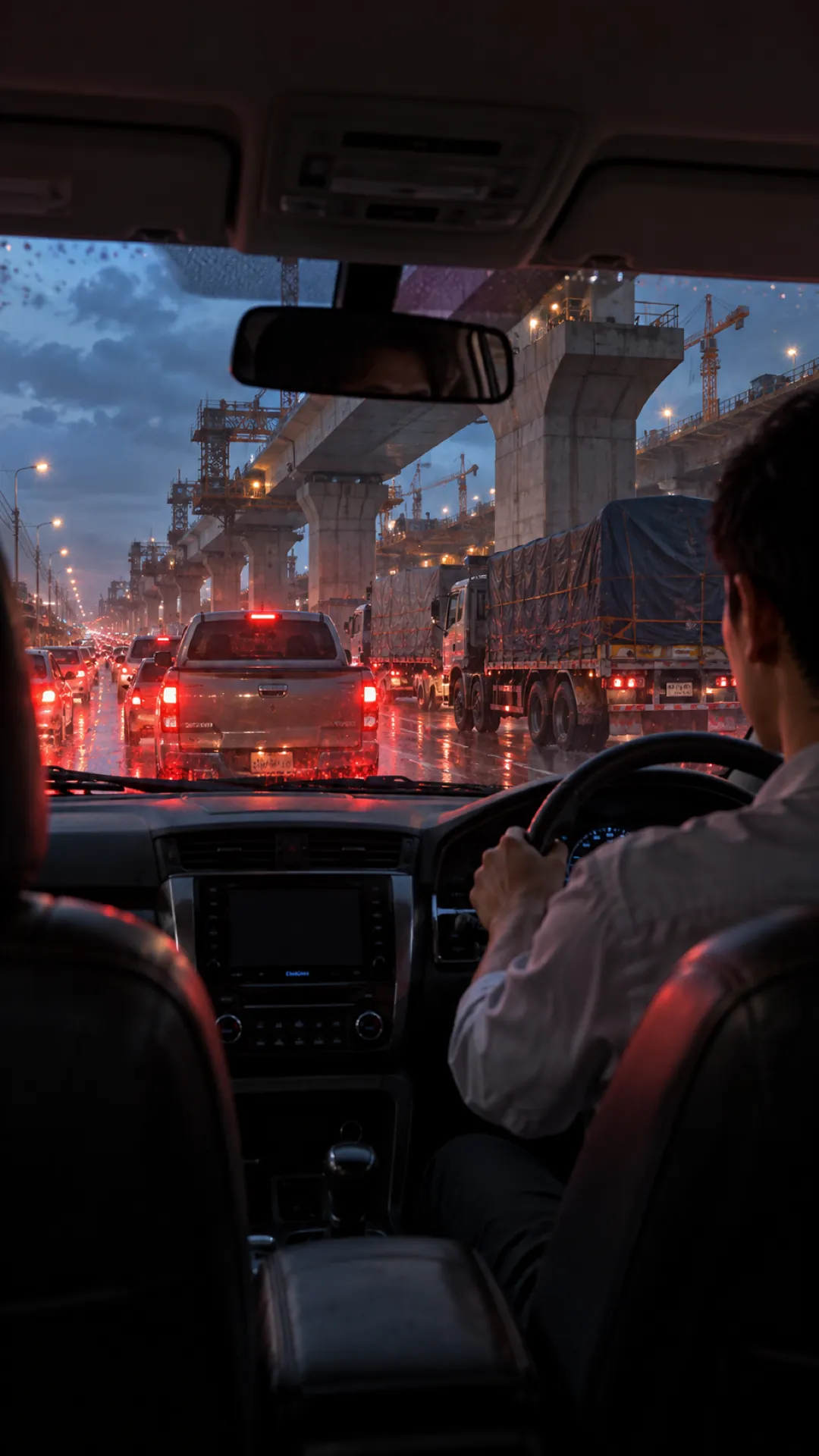 From the driver's seat of a right-hand-drive car, tail lights queue under elevated-road works in the rain