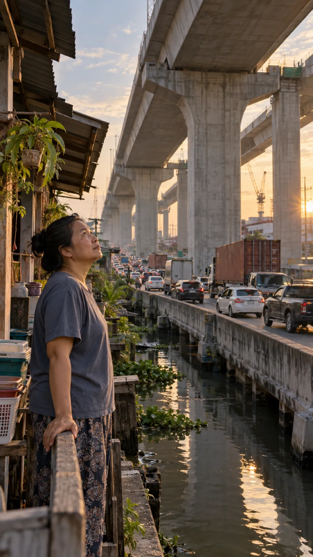 A woman on a canal-side balcony looks up at elevated-road piers rising above the traffic