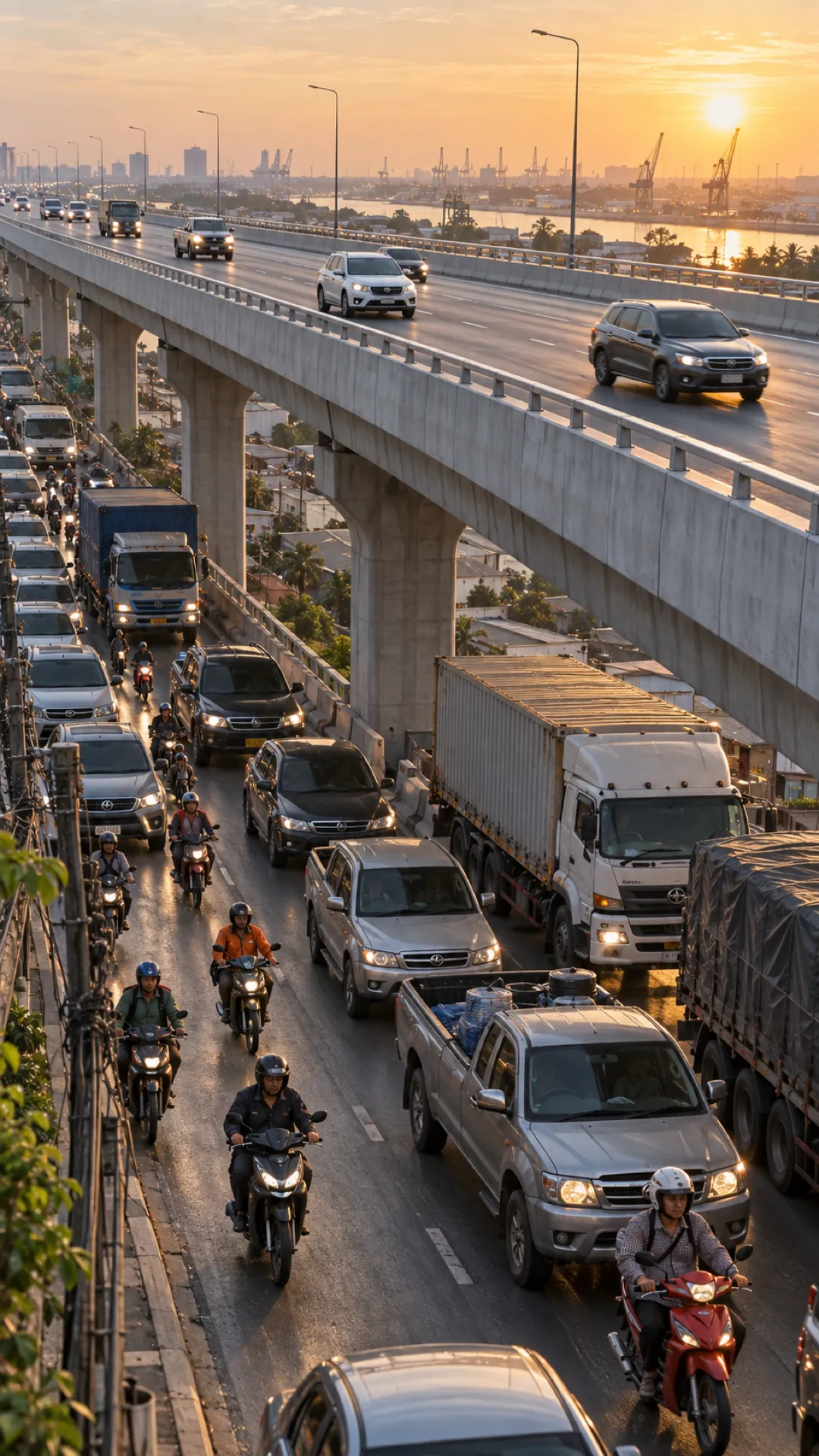 Cars on a newly opened elevated road at sunrise while motorcycles and lorries crowd the surface road below