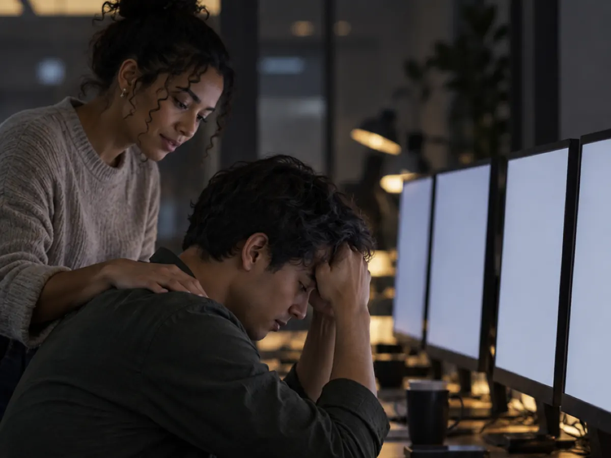 A man with his head in his hands at a row of screens, a hand on his shoulder