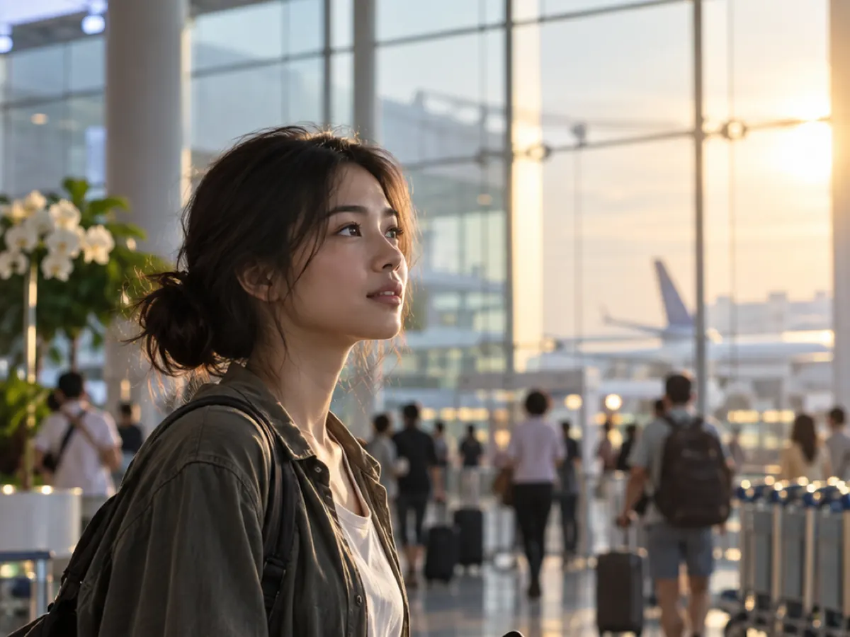 A young woman with a backpack and a phone in an airport departures hall