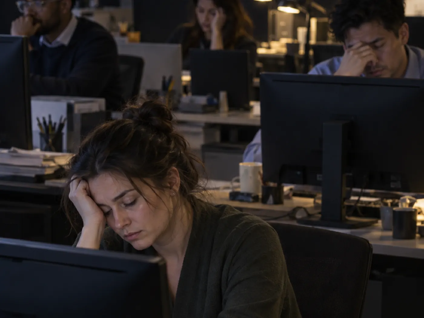Exhausted workers at rows of computer screens in a dim office