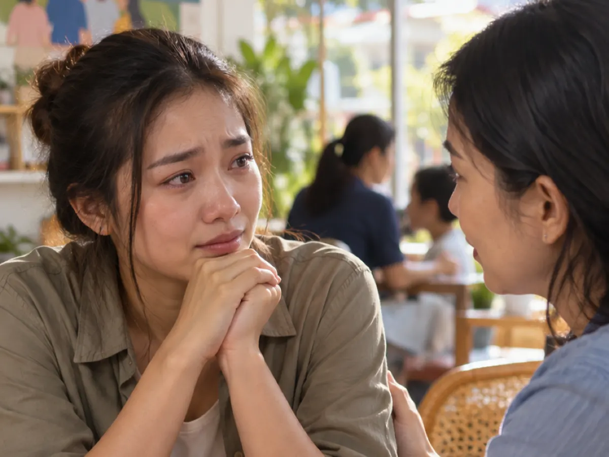 A tearful woman listens to a friend across a café table