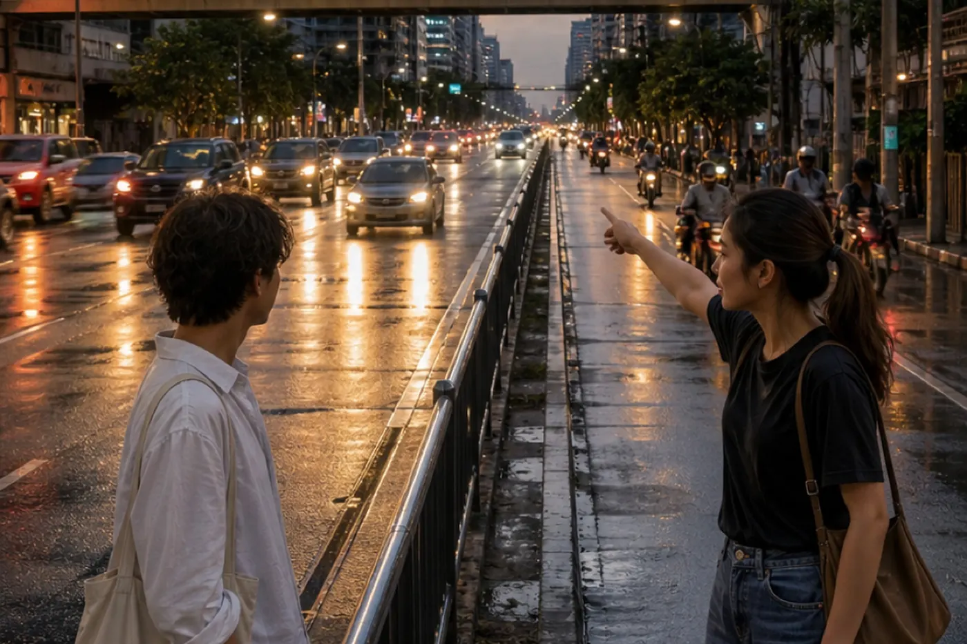 A visitor and a Thai friend on a Bangkok arterial road, pointing towards a distant side street