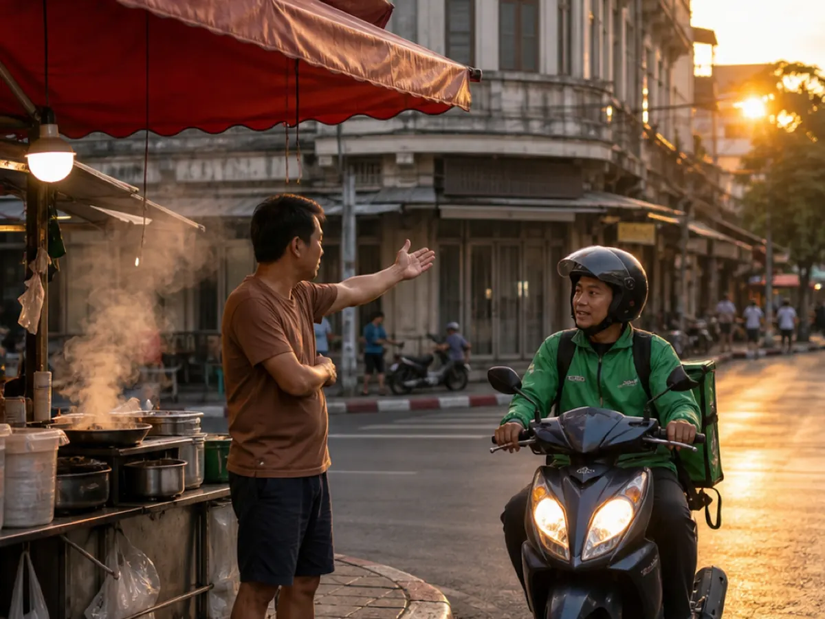 A delivery rider gets directions from a stallholder at a street corner