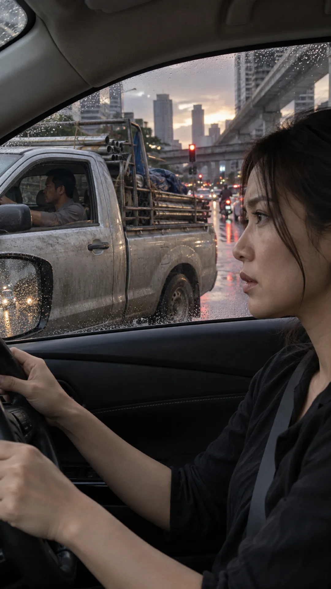 A woman in a car glances at a battered pickup alongside in traffic