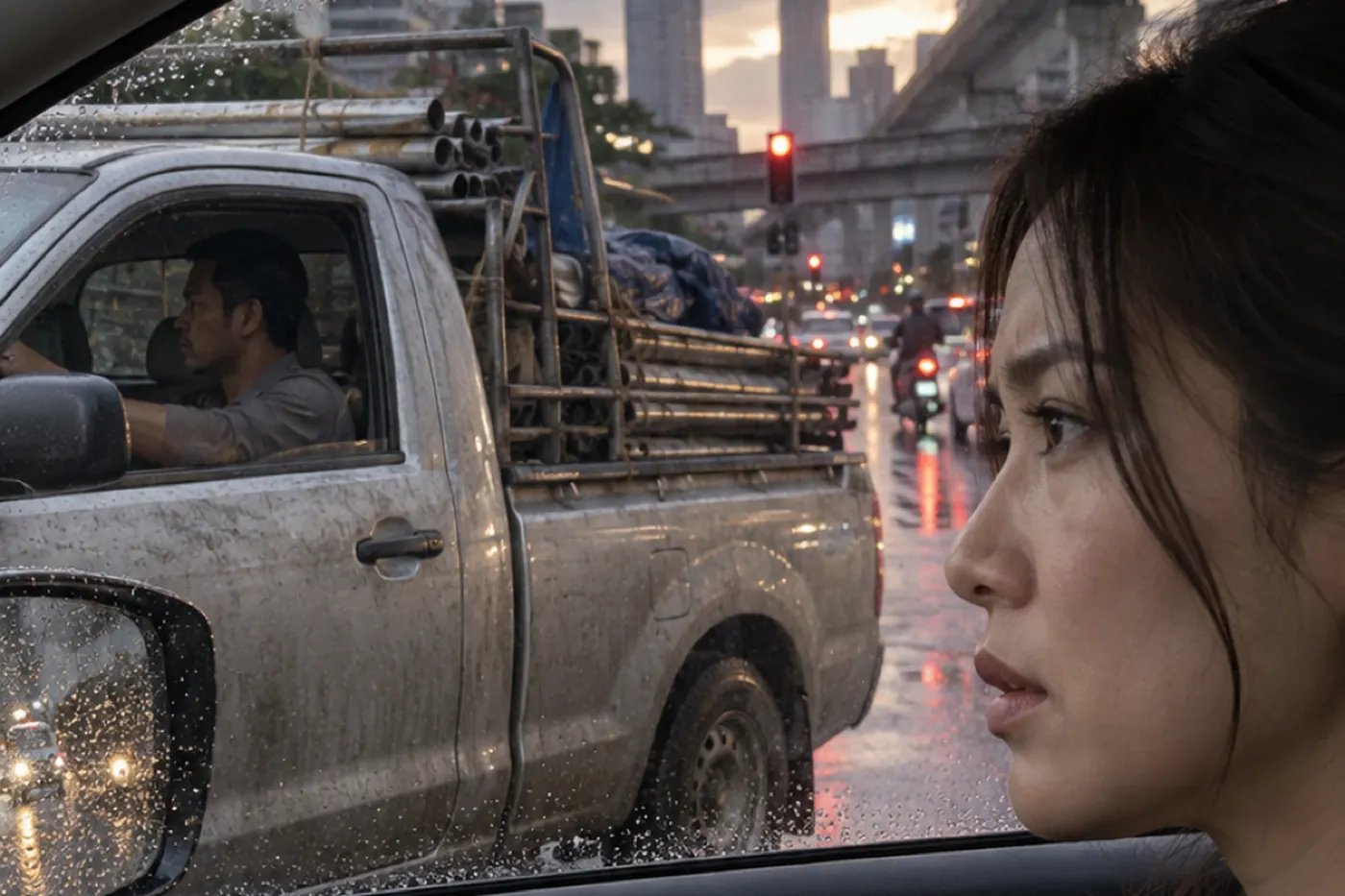 A woman in a car glances at a battered pickup alongside in traffic