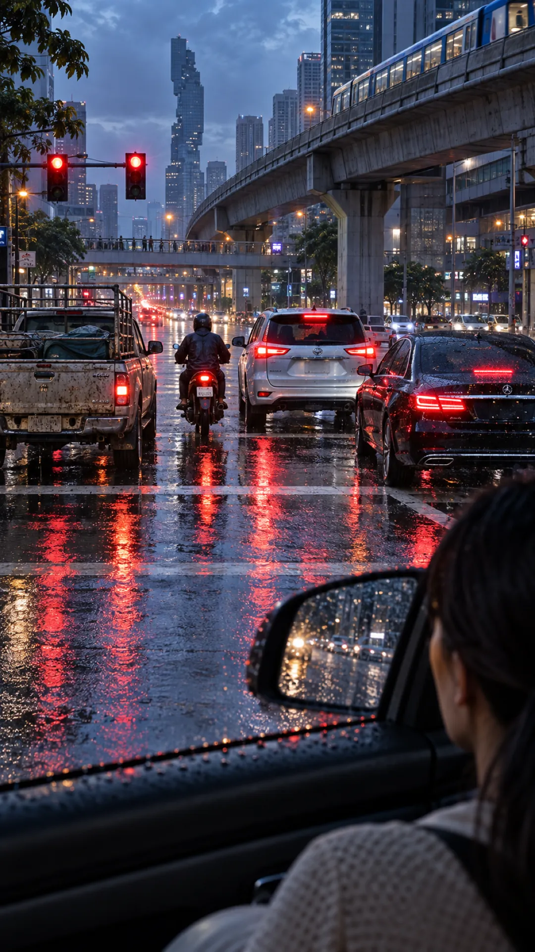 Pickups, a motorcycle and saloon cars on a wet Bangkok road under an elevated line