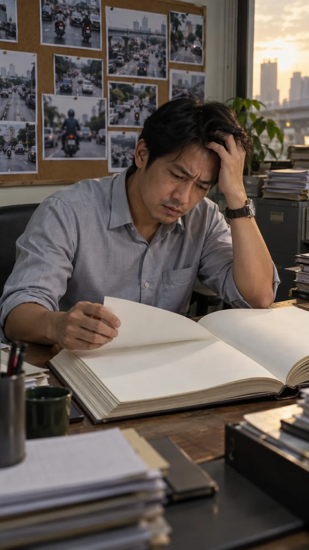 A man puzzles over a report with photographs of traffic pinned to the wall behind him
