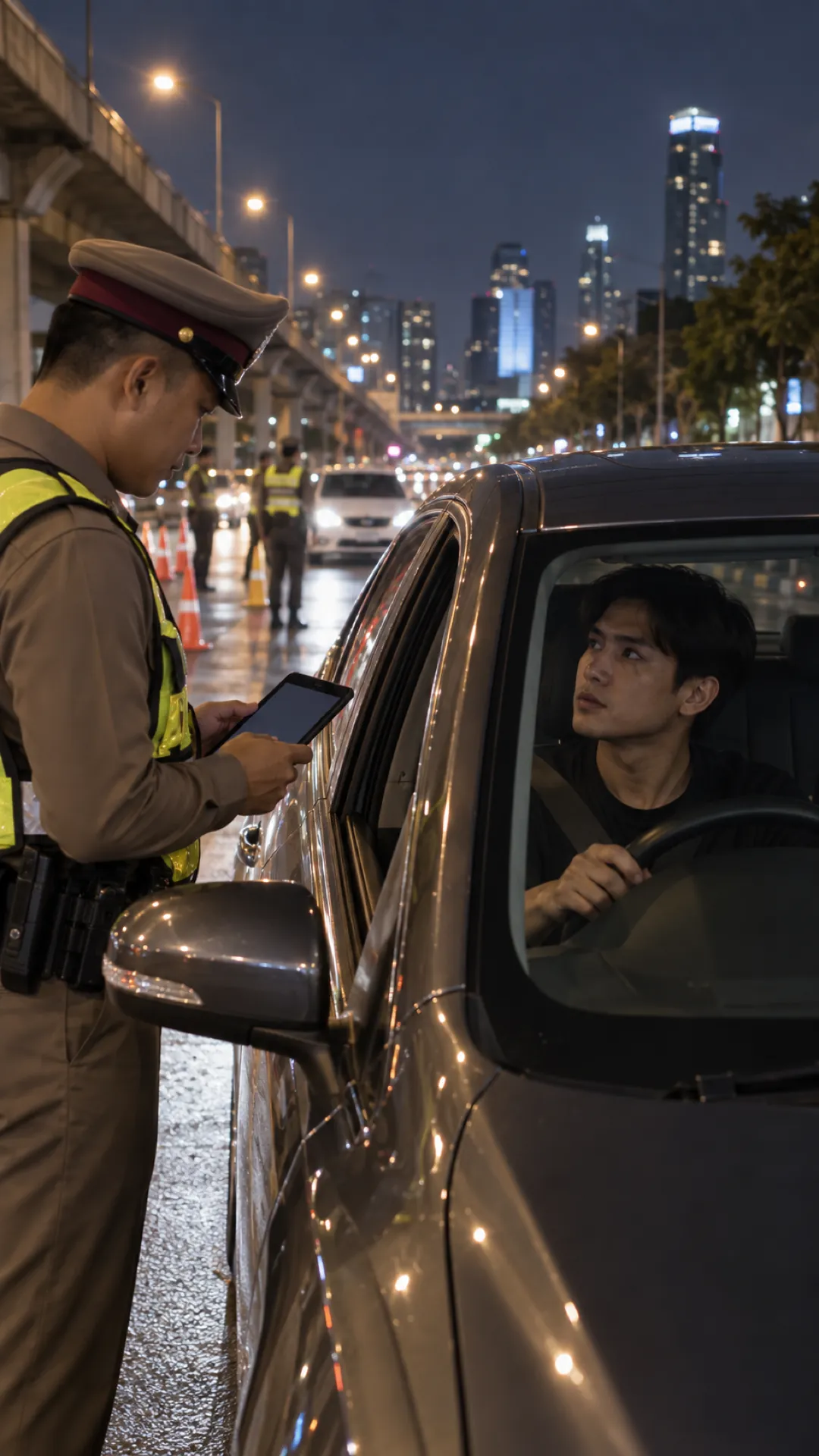 A traffic officer checks a device at a driver's window