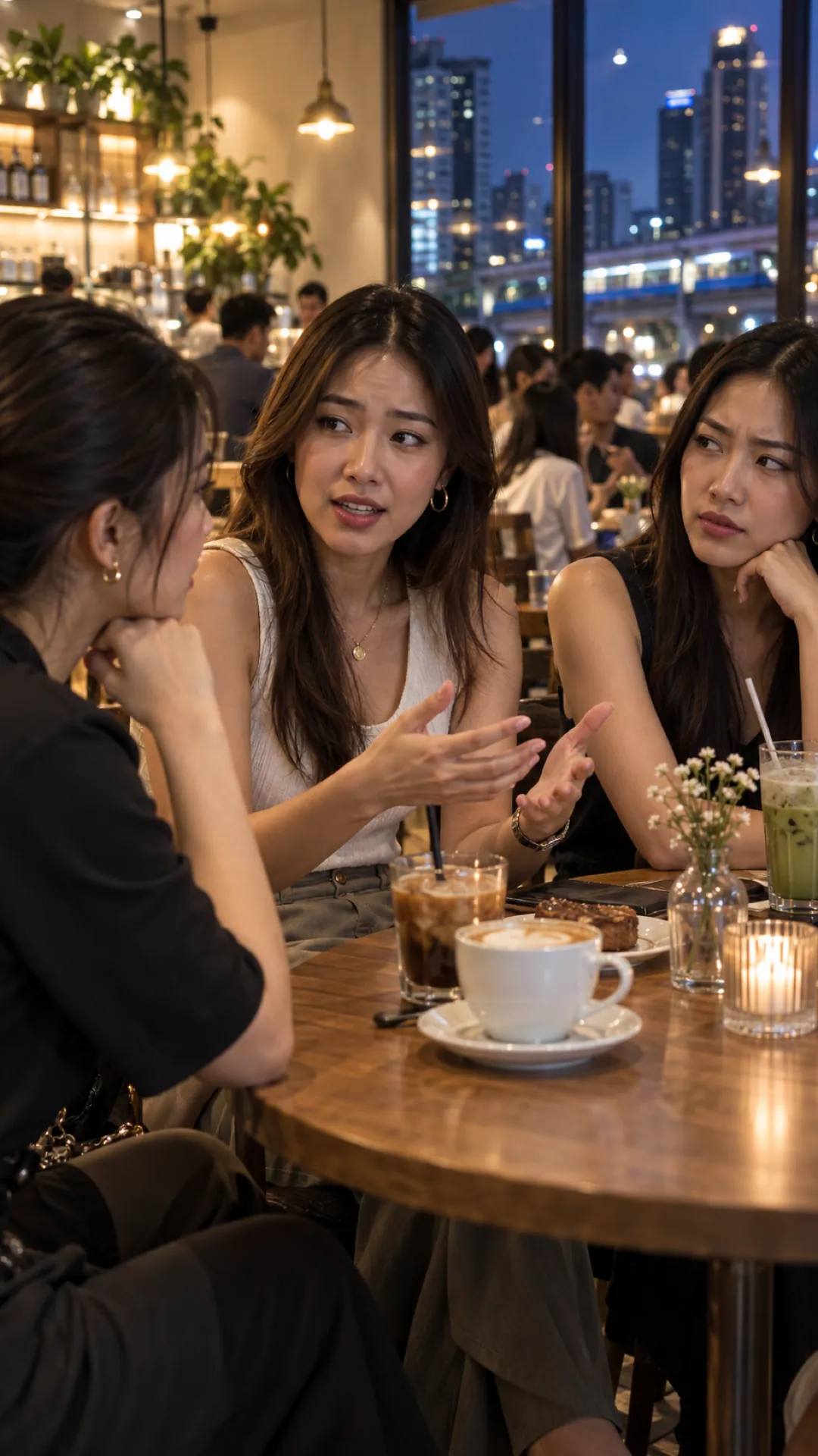 Two friends in a heated conversation at a restaurant table