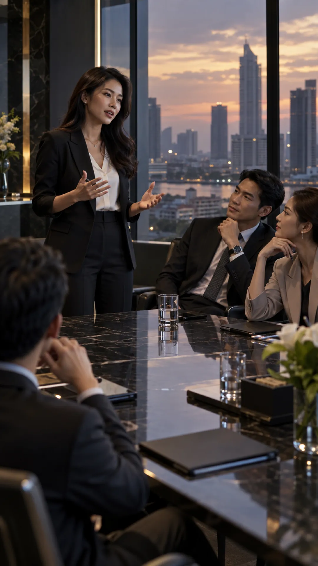 A woman presents to colleagues in a meeting room overlooking the river