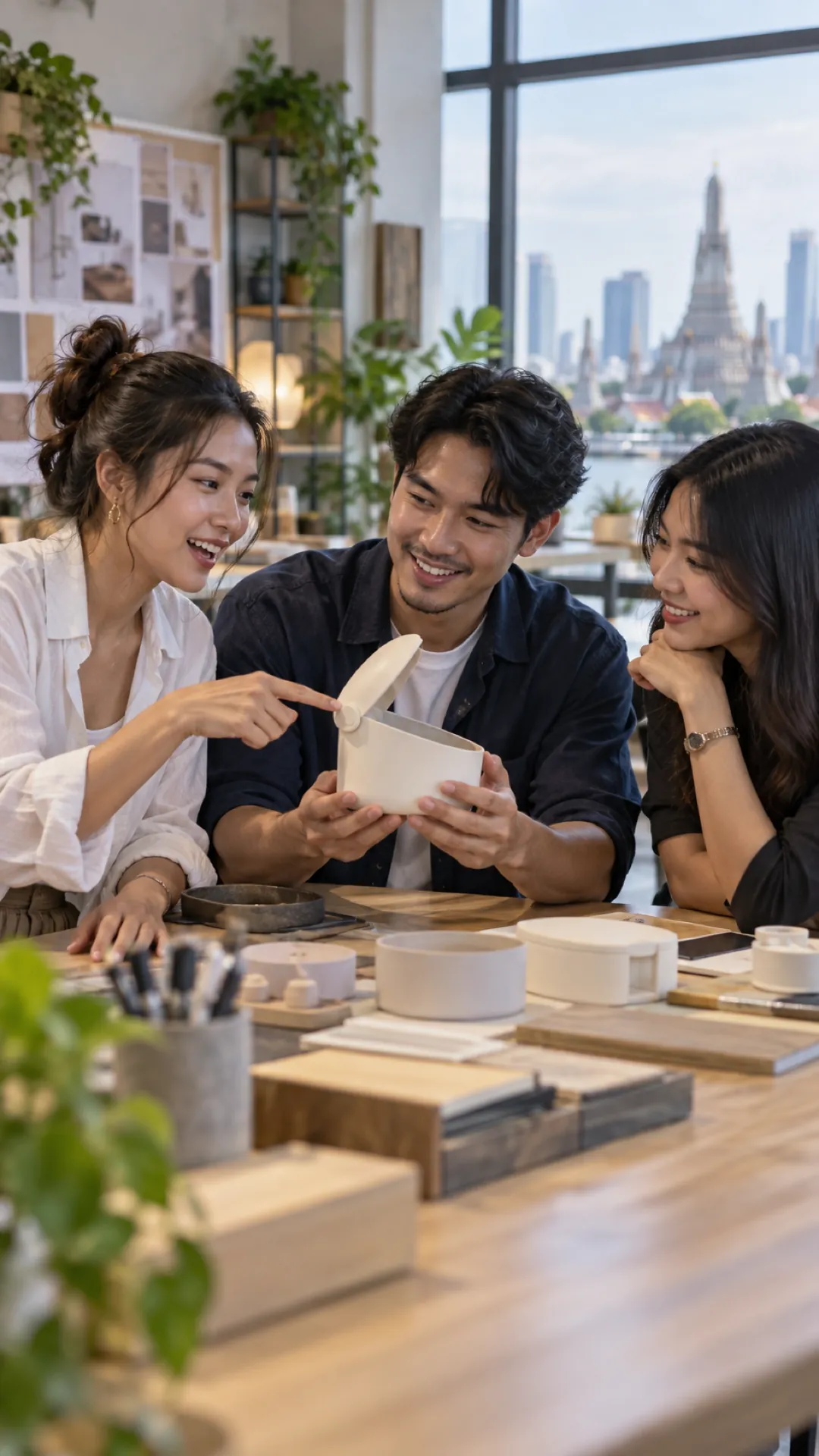 Friends open a small white box together at a café table