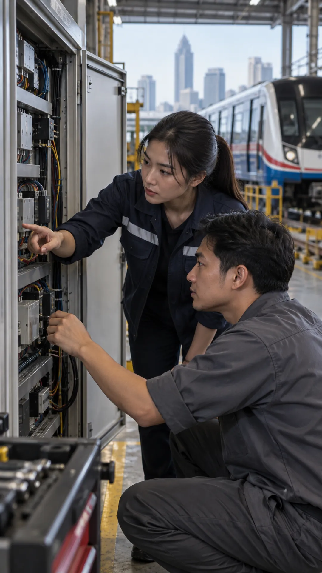 An engineer points out a fault in a switch cabinet to a colleague