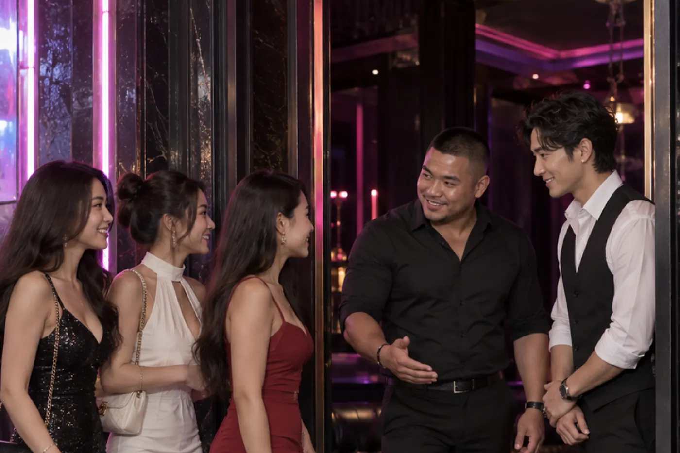 Women arriving at a club entrance are greeted by two hosts in black