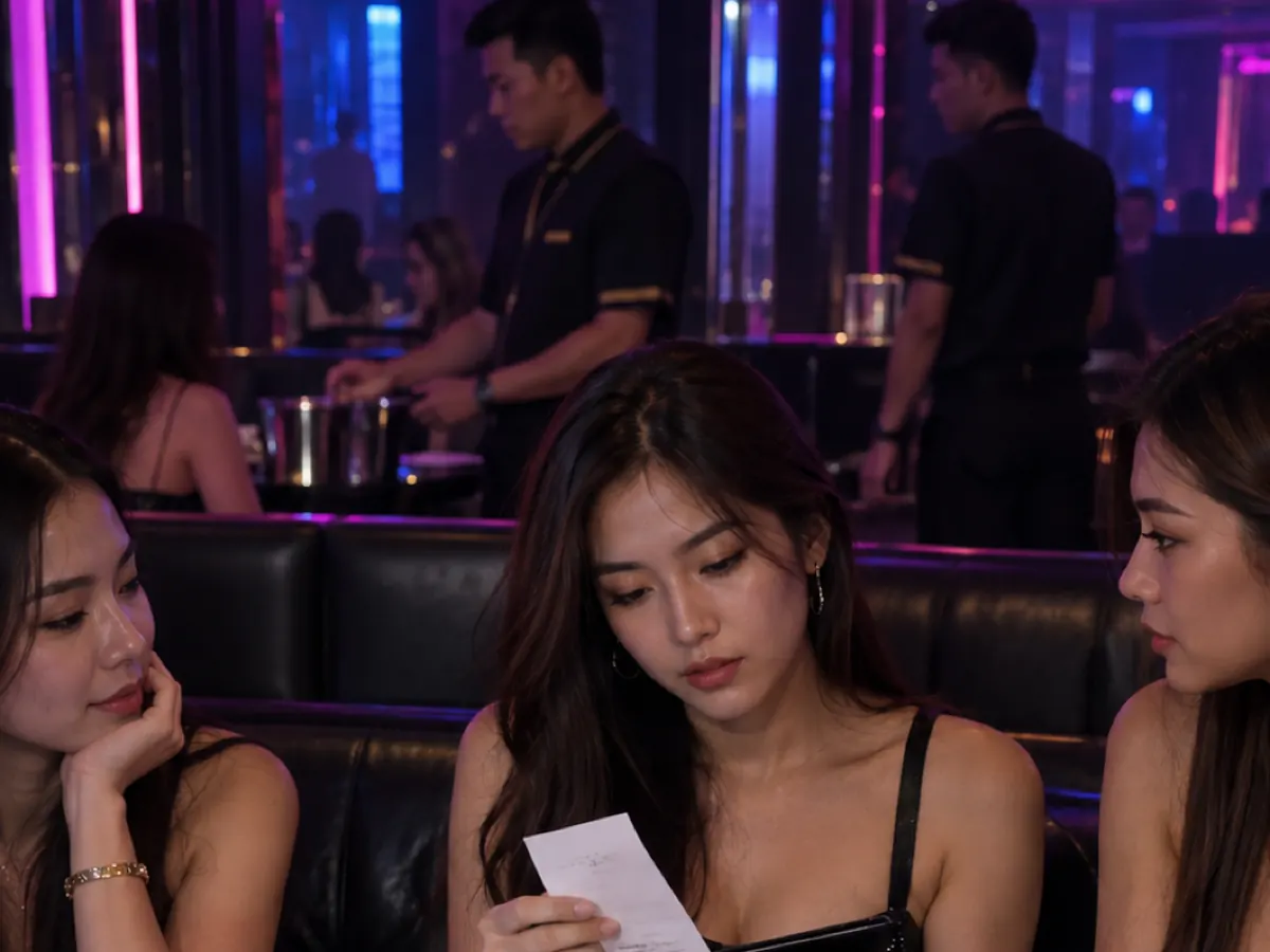 A customer reads a bill at a booth with an ice bucket and a bottle in front of her