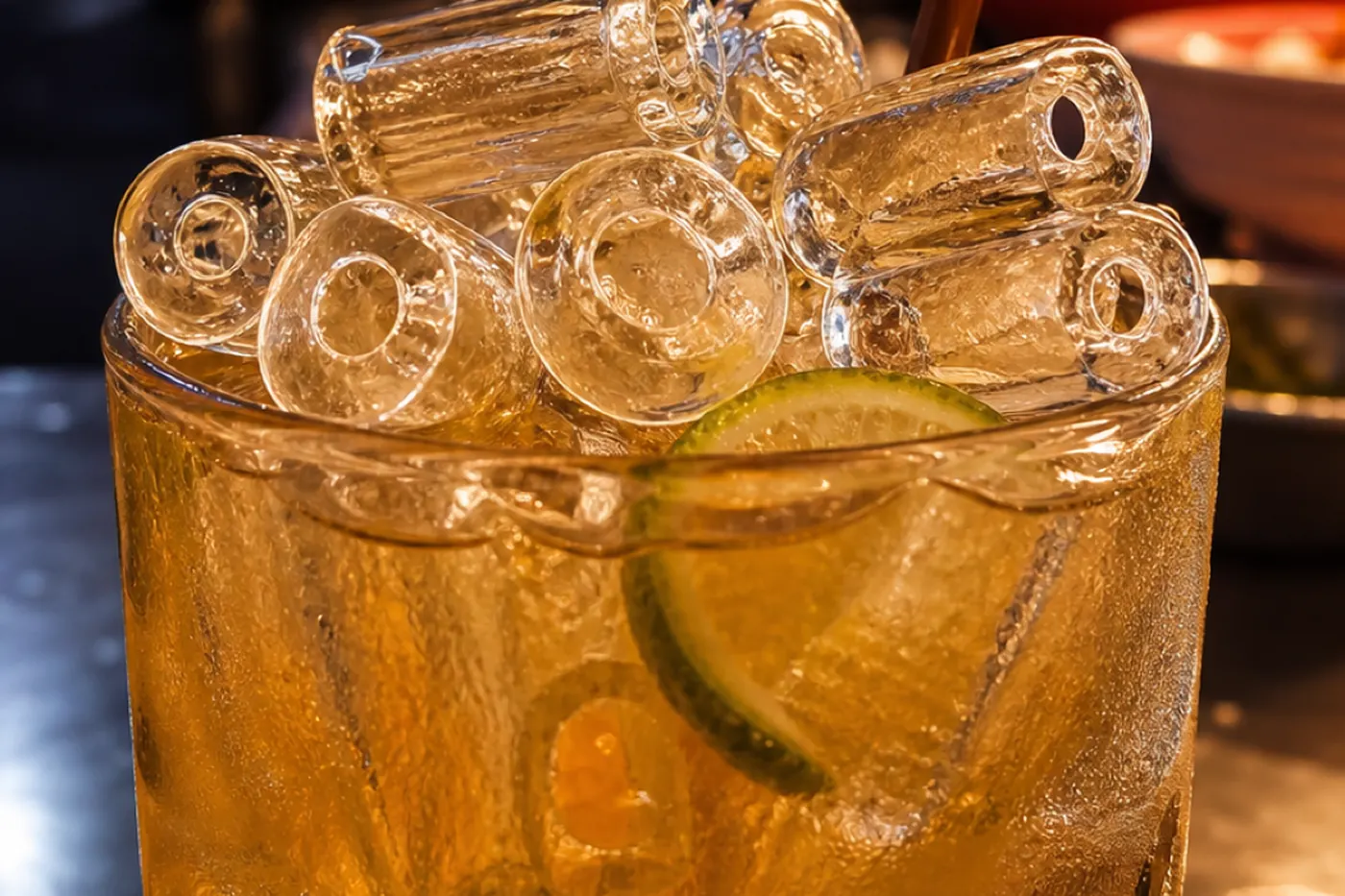 A glass of tube ice — cylinders with a hole through the middle — at a night stall