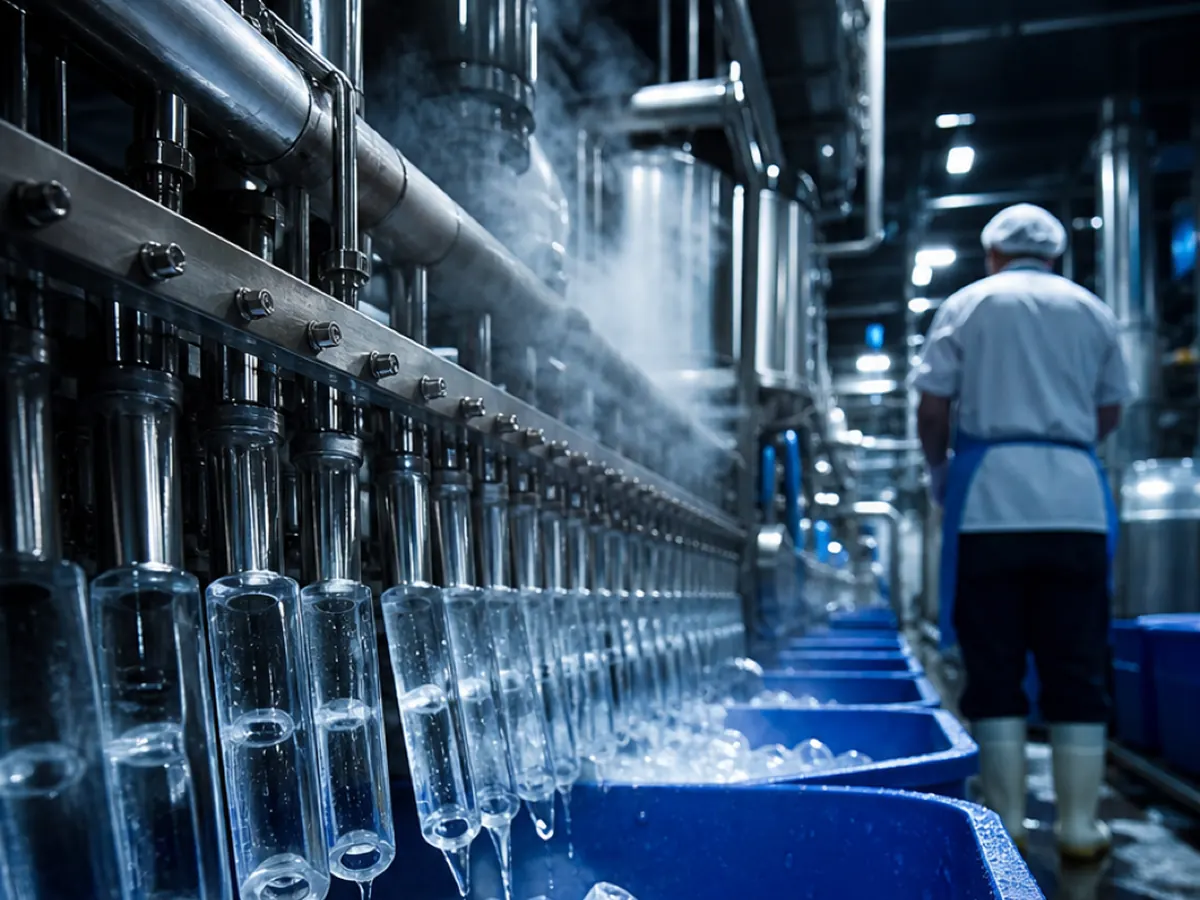Tube ice pouring from a production line into blue crates at an ice factory