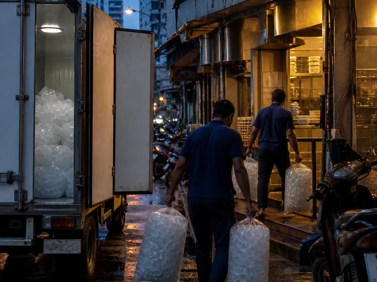 Workers carry sacks of ice from an insulated truck down a Bangkok street