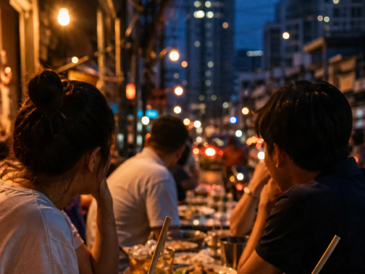Friends at a pavement table with iced drinks in the evening