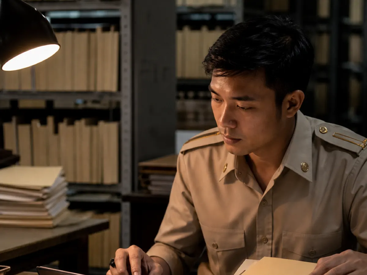 A clerk in uniform works through paper files by lamplight