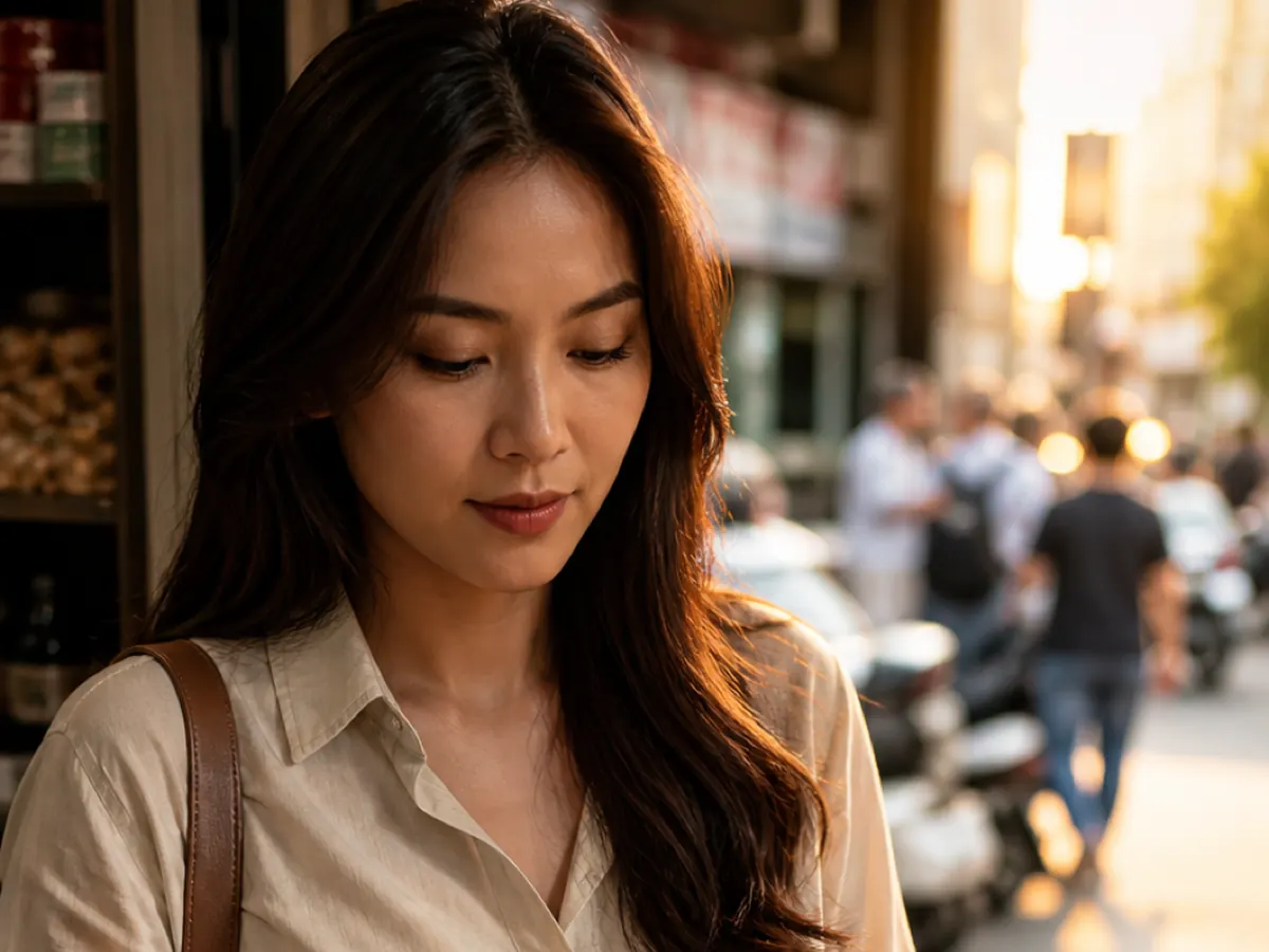 A woman looks down at a card in her hand on a busy street