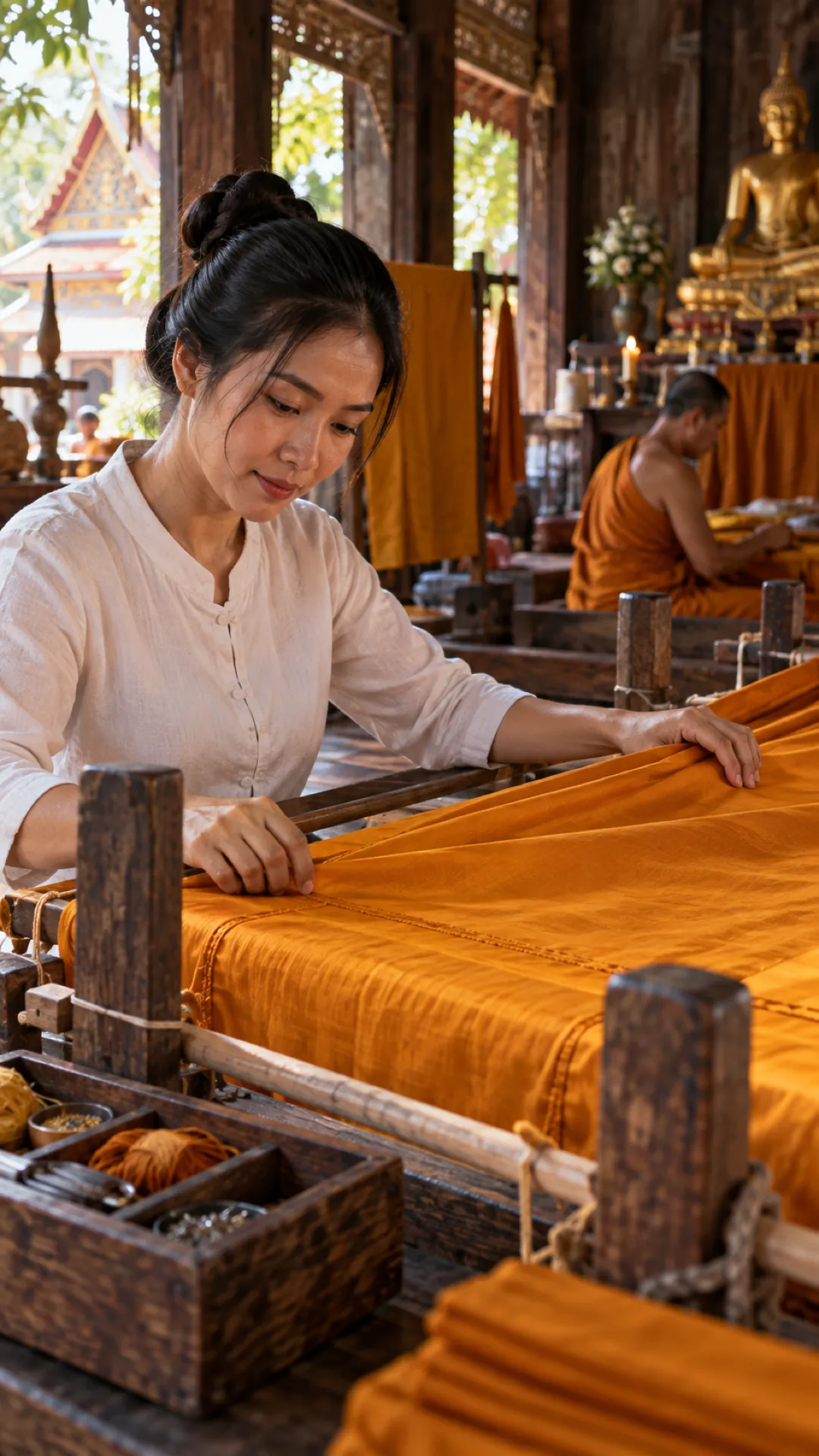 A temple volunteer smooths saffron cloth stretched on a wooden sewing frame
