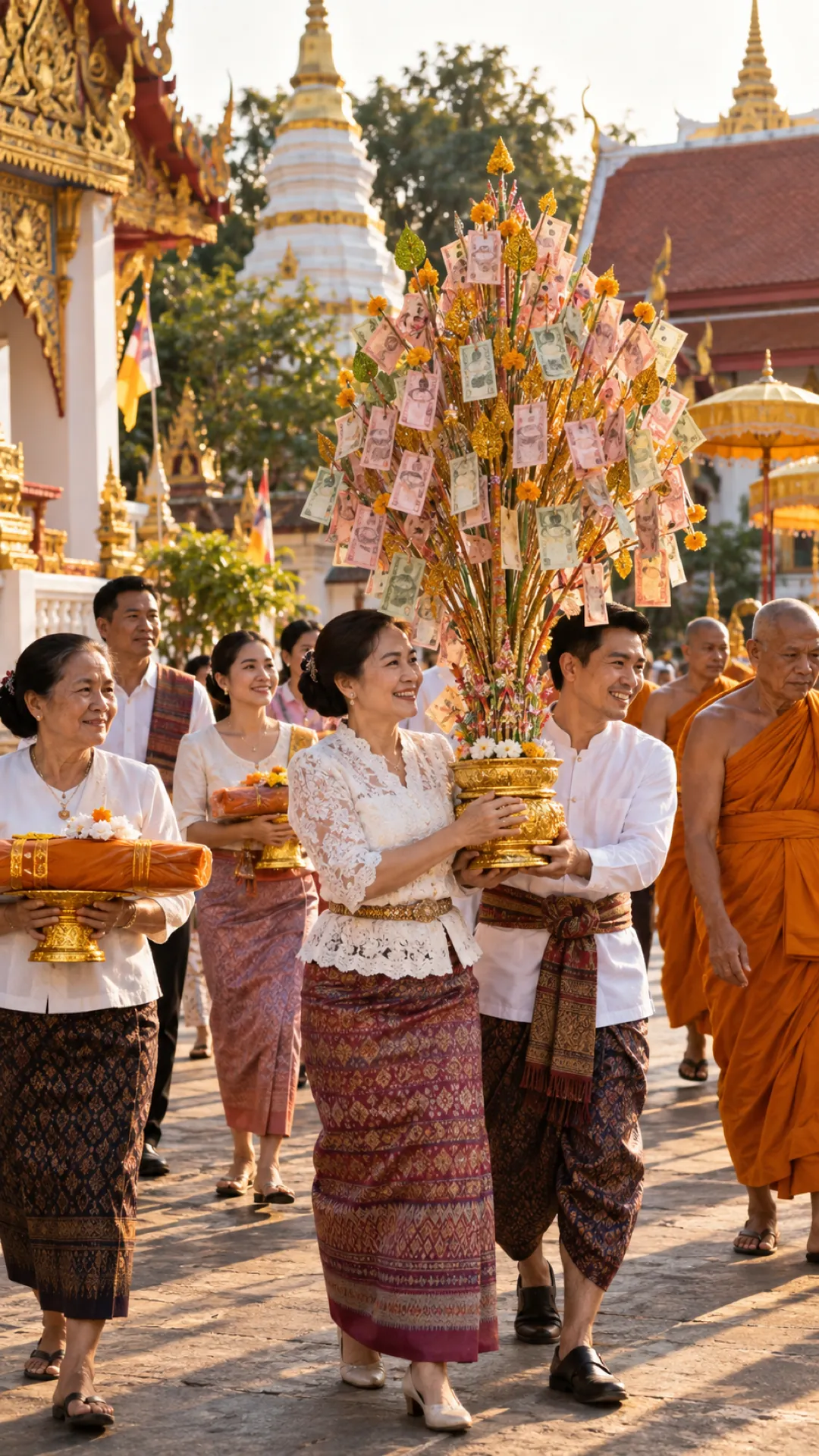 A Kathin procession carries a money tree of banknotes and marigolds through the temple grounds