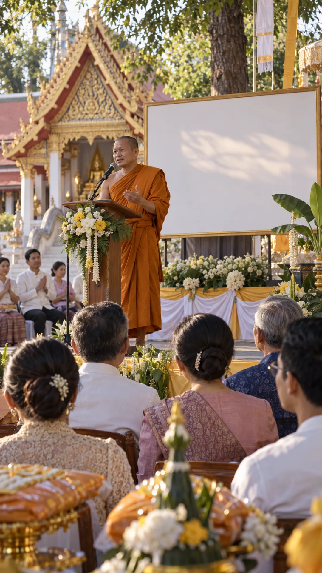 A monk speaks from a lectern to seated donors in a temple courtyard, a blank board behind him