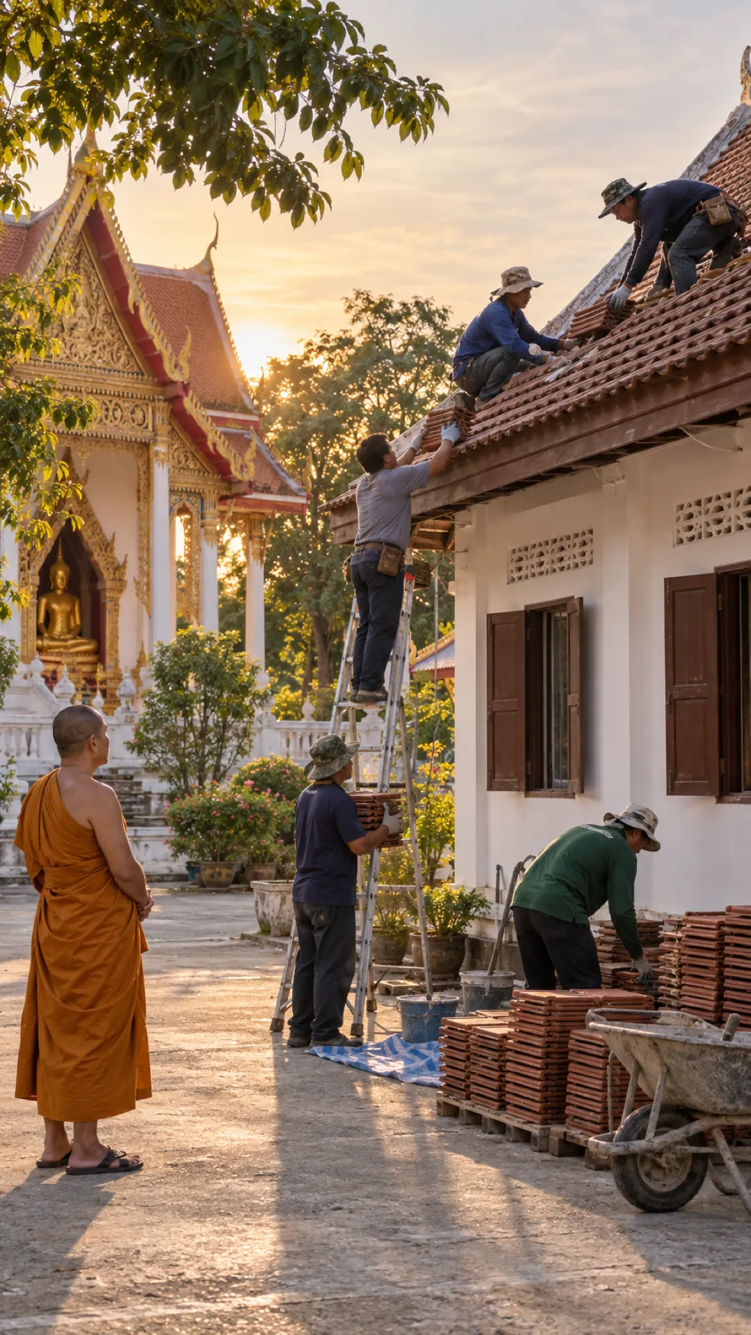 Workers re-tile the roof of the monks' quarters while a monk watches from the courtyard