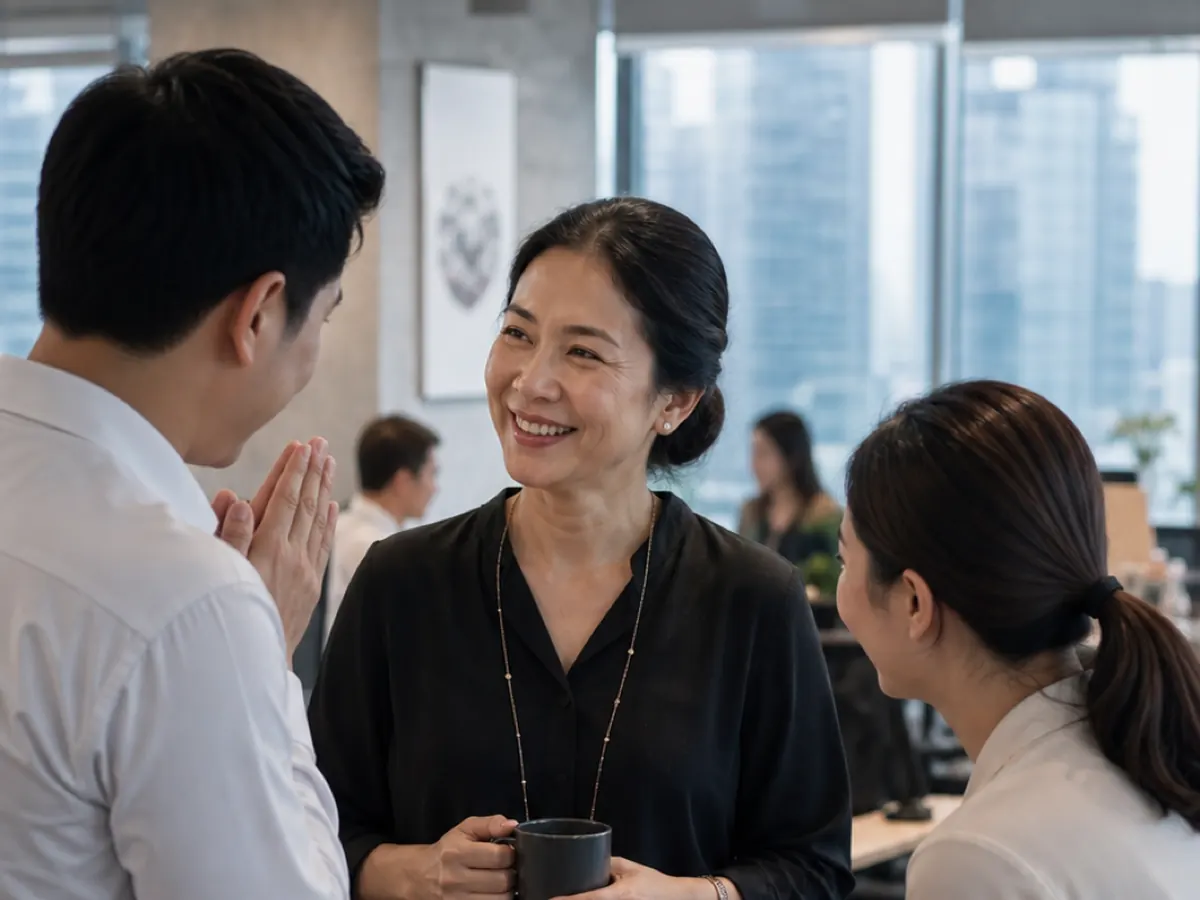 Colleagues greet each other in an office