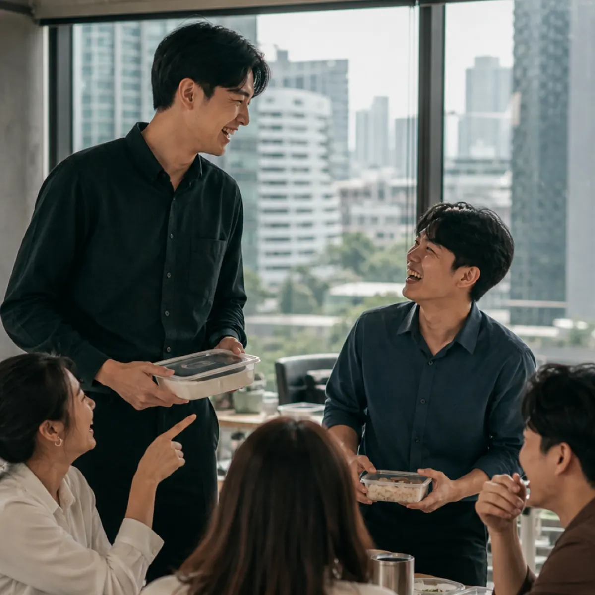 A man carrying a lunch box jokes with colleagues at their desks