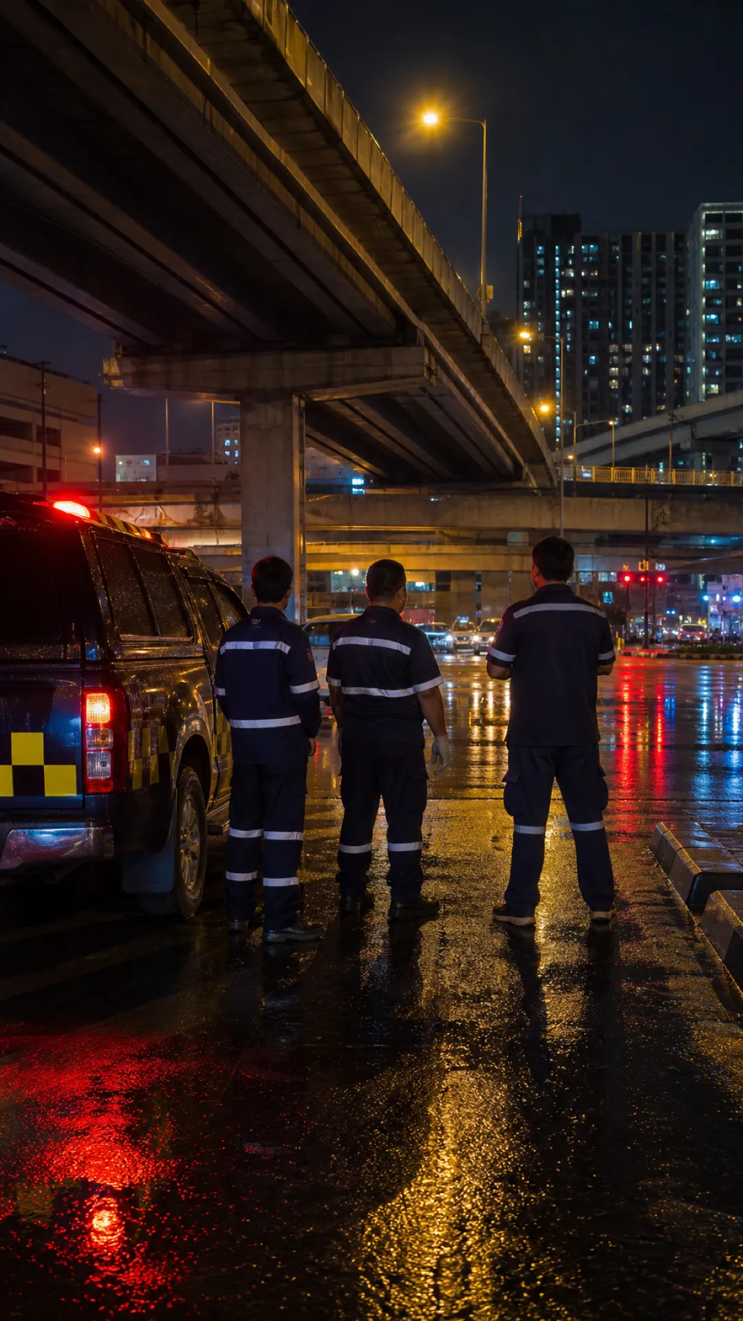 Volunteers in dark uniforms walk past their vehicle under an expressway at night