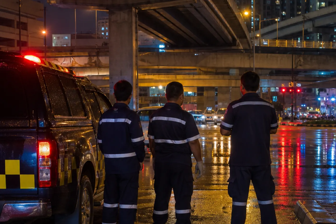 Volunteers in dark uniforms walk past their vehicle under an expressway at night