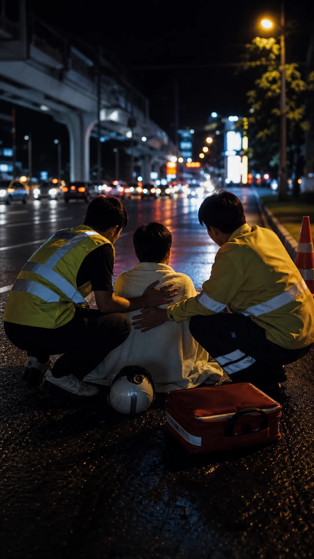 Two volunteers in reflective vests kneel beside a person on a night-time road