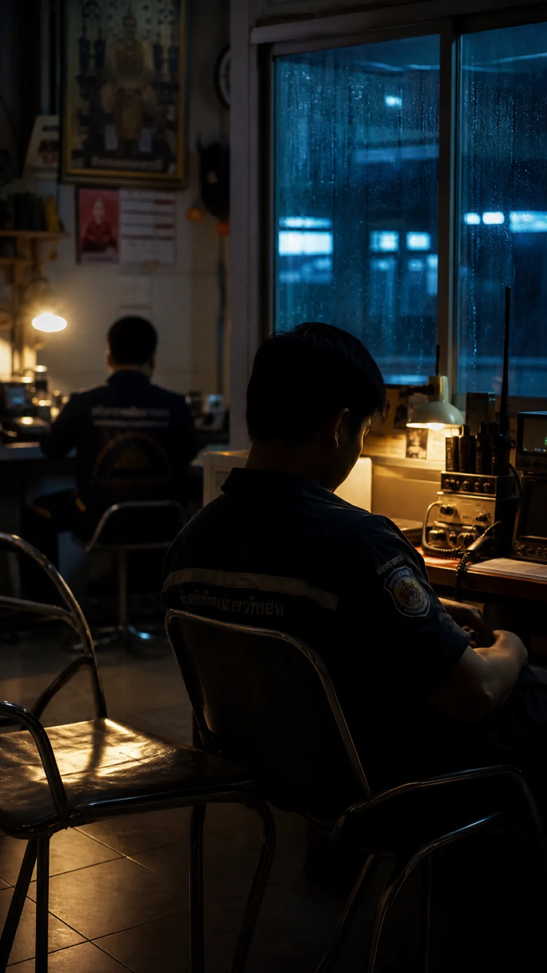 Volunteers on the night watch in a small radio room