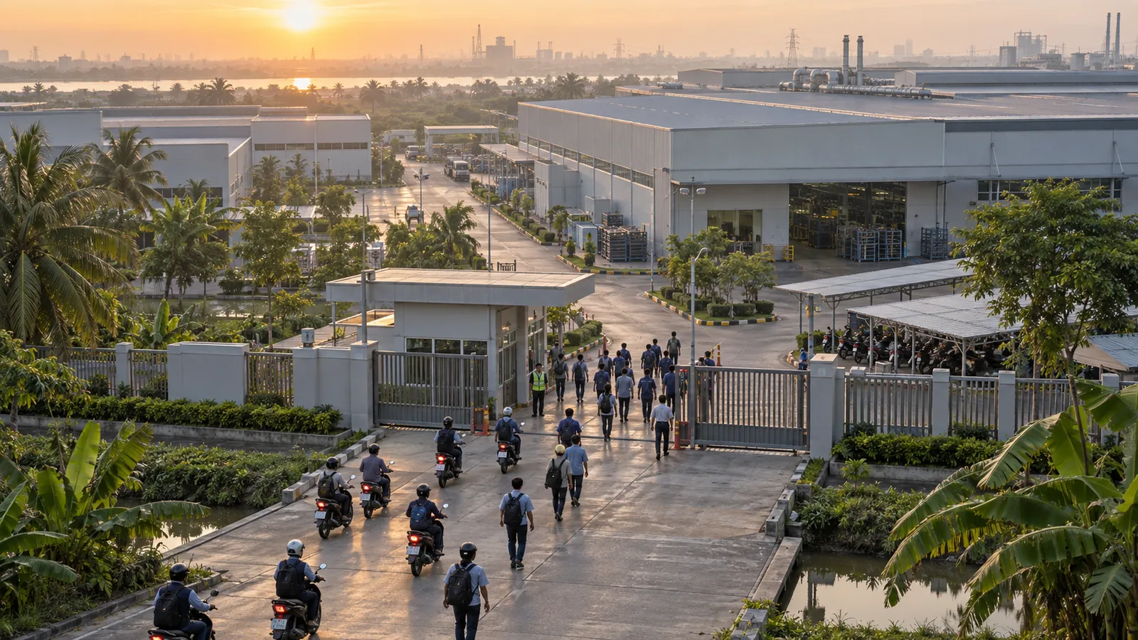 Workers leave an industrial estate at sunset, on foot and on motorcycles